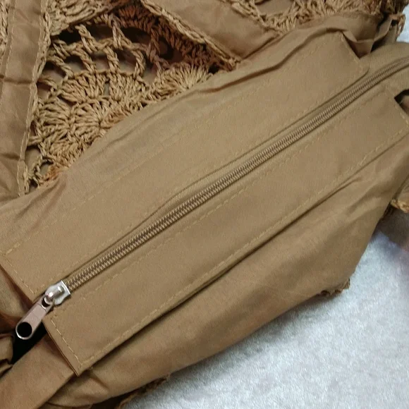 SALE Circle Handmade Crochet Shoulder Tote Bag Lined Zipper Light Brown Boho - Picture 11 of 13